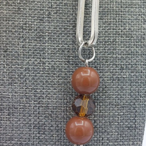 Necklace Silver Toned Large Link Chain Off Set Beads Brown Faceted Amber 40" Lon - Picture 3 of 7